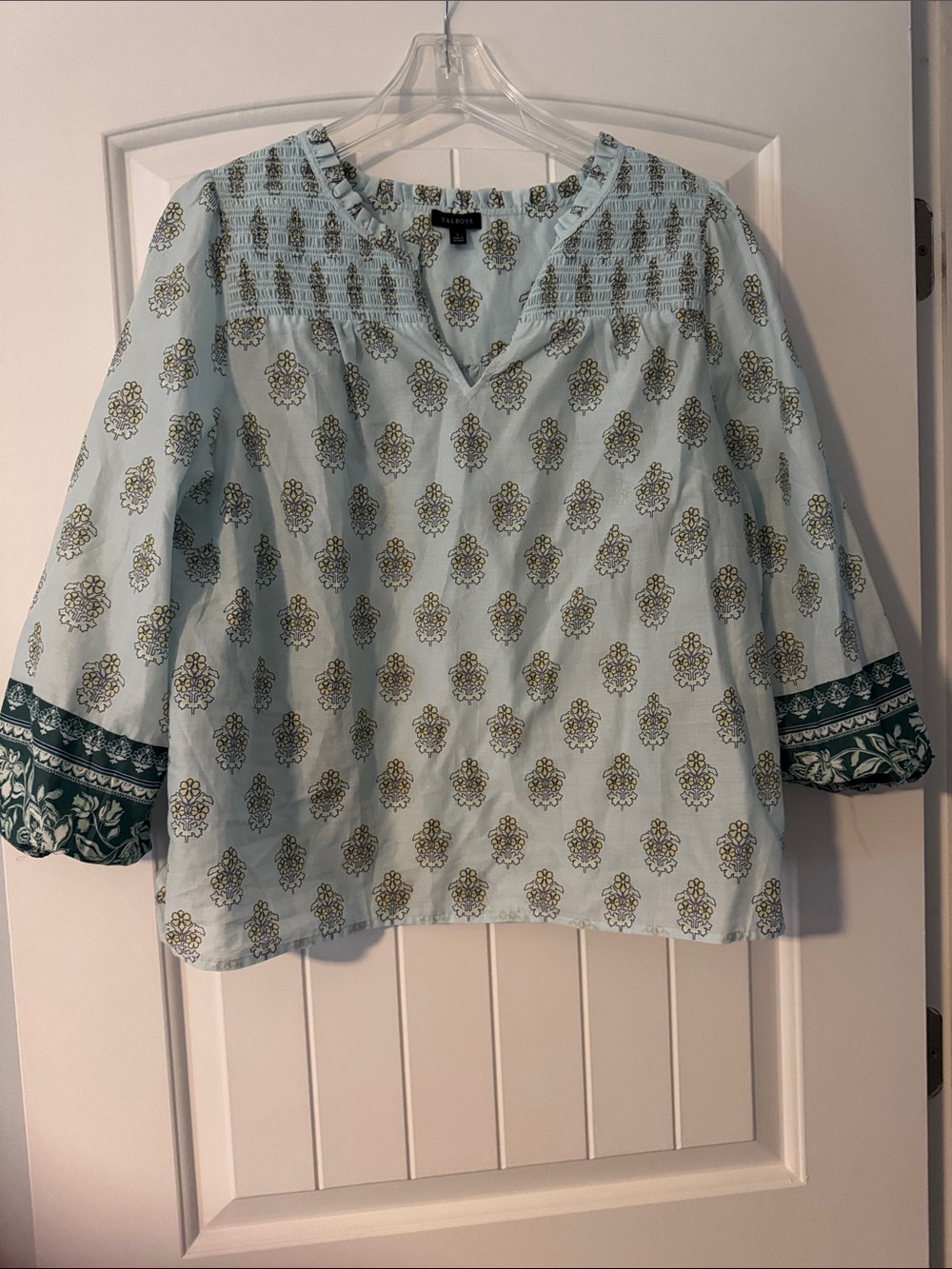 Talbots Light Blue Printed V-Neck Smocked Yoke Blouse with Green Border